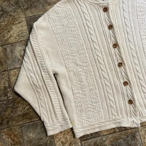 Vintage L.L. Bean Cream Cable Knit Button Up Cardigan Sweater Size XL - Picture 2 of 7